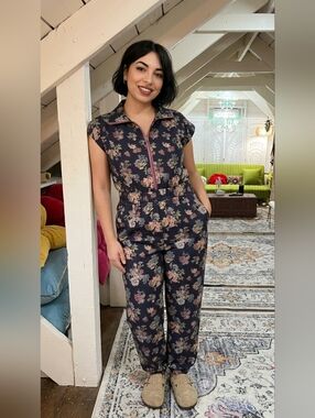 Davi & Dani Navy and Pink Floral Scuba Zip-Front Mechanic Style Jumpsuit